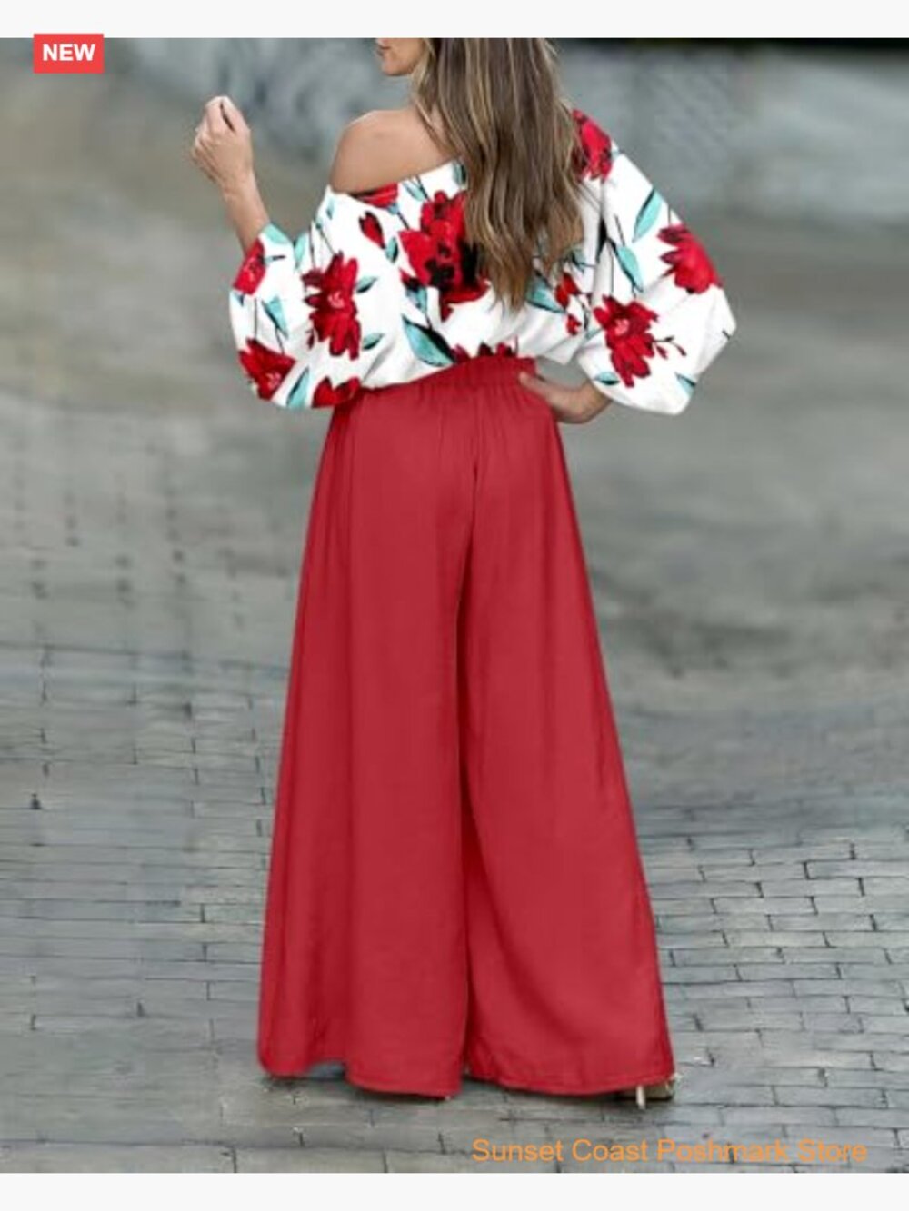 Off Shoulder Top Flowy Wide Leg Pants Set Vacation Travel Airport Outfits - Picture 3 of 7